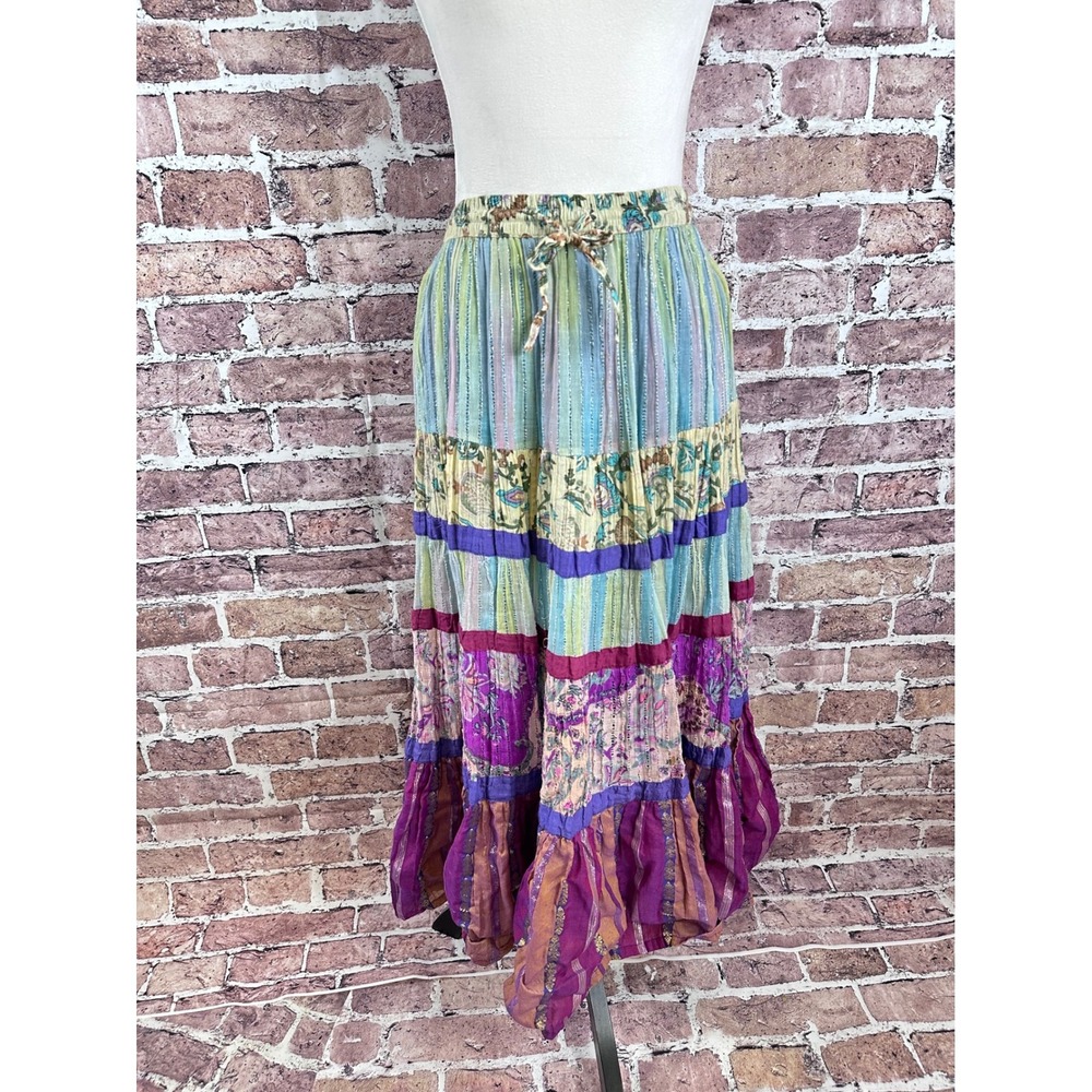 Natural Womens Boho Patchwork Tiered Maxi Skirt Cotton Metallic Shimmer Purple S